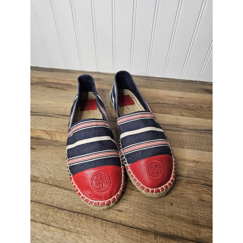 Tory Burch Red Blue White Stripe Cap Toe  Leather Espadrilles 10.5 Nautical